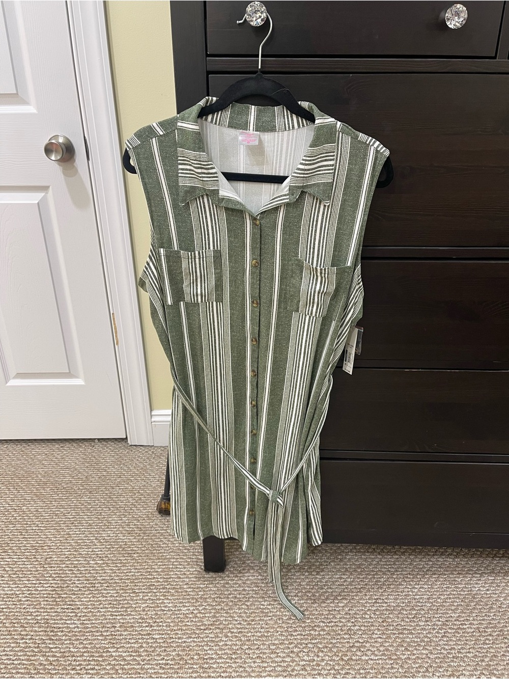 No Boundaries Olive and White Striped Sleeveless Shirt Dress